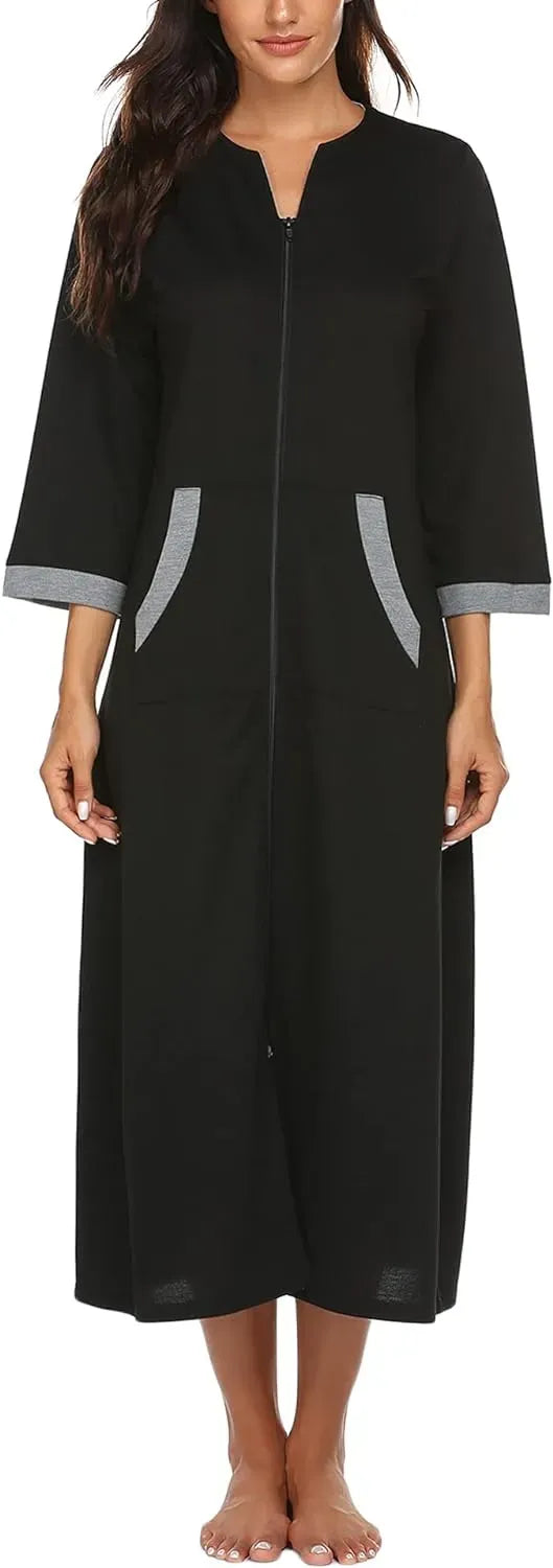 Women Zipper Robe 3/4 Sleeves Loungewear Dress Full Length Sleepwear Pockets Housecoat Nightgown Long Bathrobe