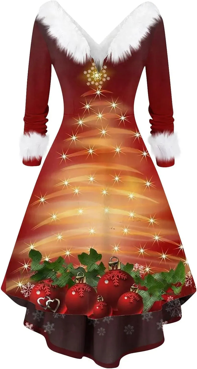 Womens Christmas Dress Fuzzy Mrs Claus Christmas Holiday Xmas Cocktail Holiday Party Flare Dress