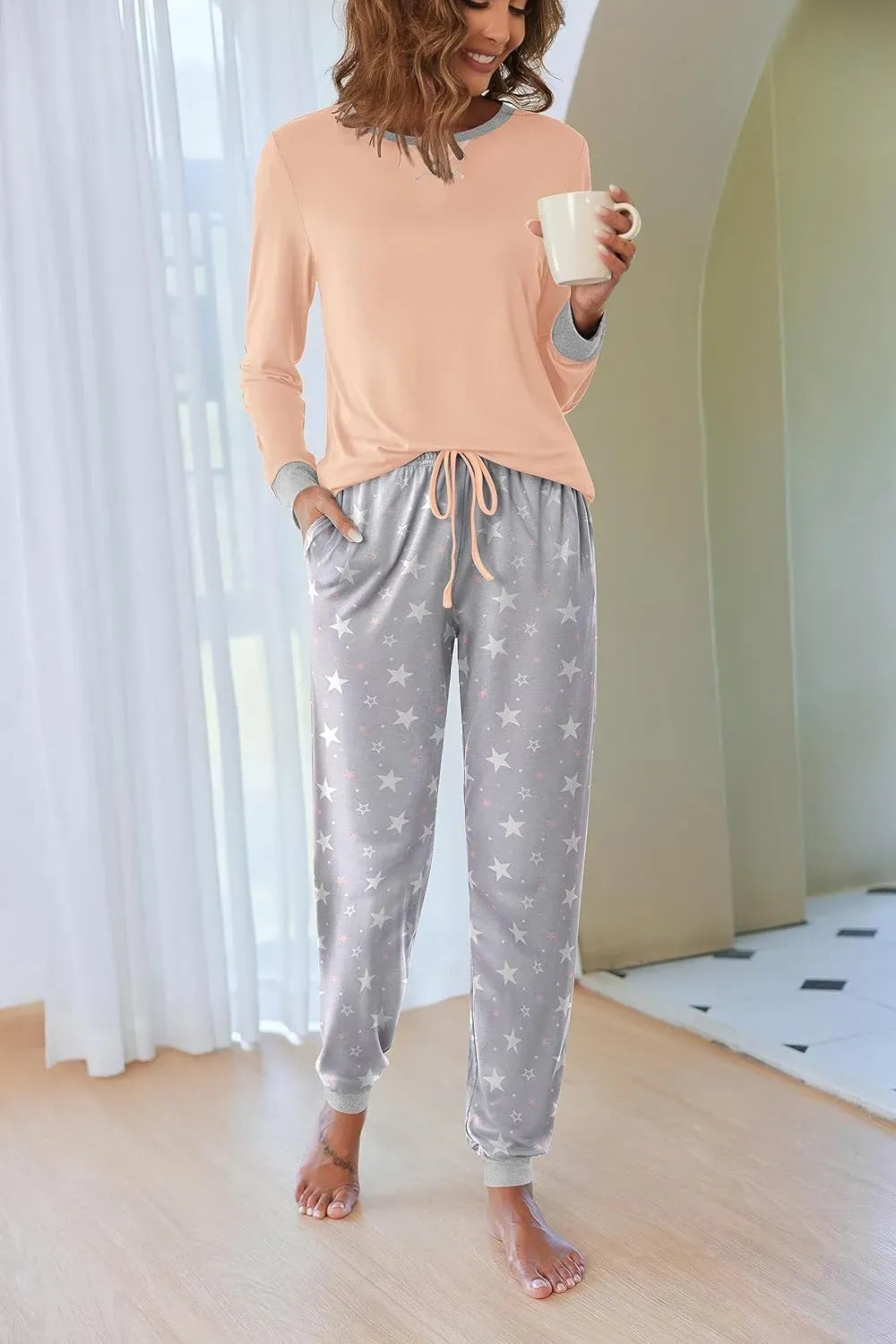 Women's Pajamas Sets Long Sleeve with Plaid Pants Soft Sleepwear O Neck 2 Piece Pjs Joggers Loung Set with Pockets