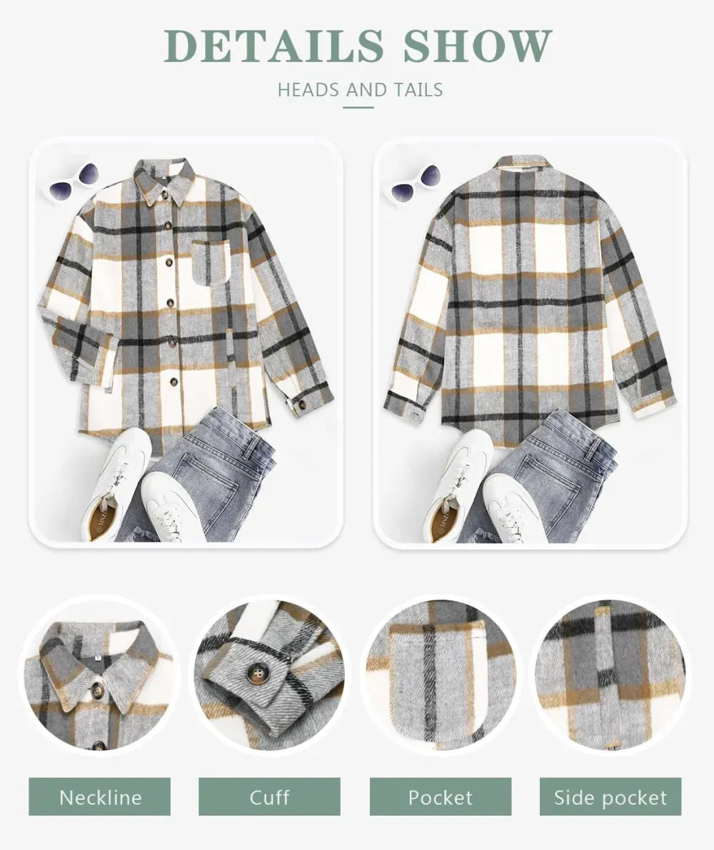 Womens Casual Plaid Shackets Brushed Flannel Button Down Shirt Jacket Coats with Side Pockets