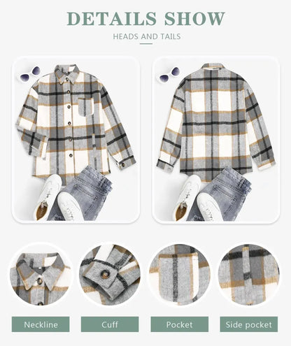 Womens Casual Plaid Shackets Brushed Flannel Button Down Shirt Jacket Coats with Side Pockets