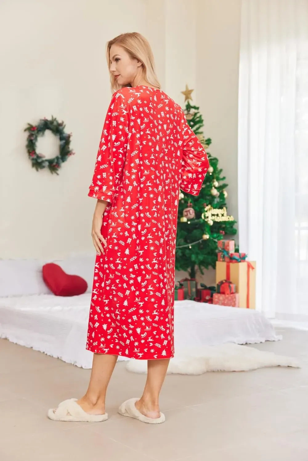 Women Zipper Robe 3/4 Sleeves Loungewear Dress Full Length Sleepwear Pockets Housecoat Nightgown Long Bathrobe
