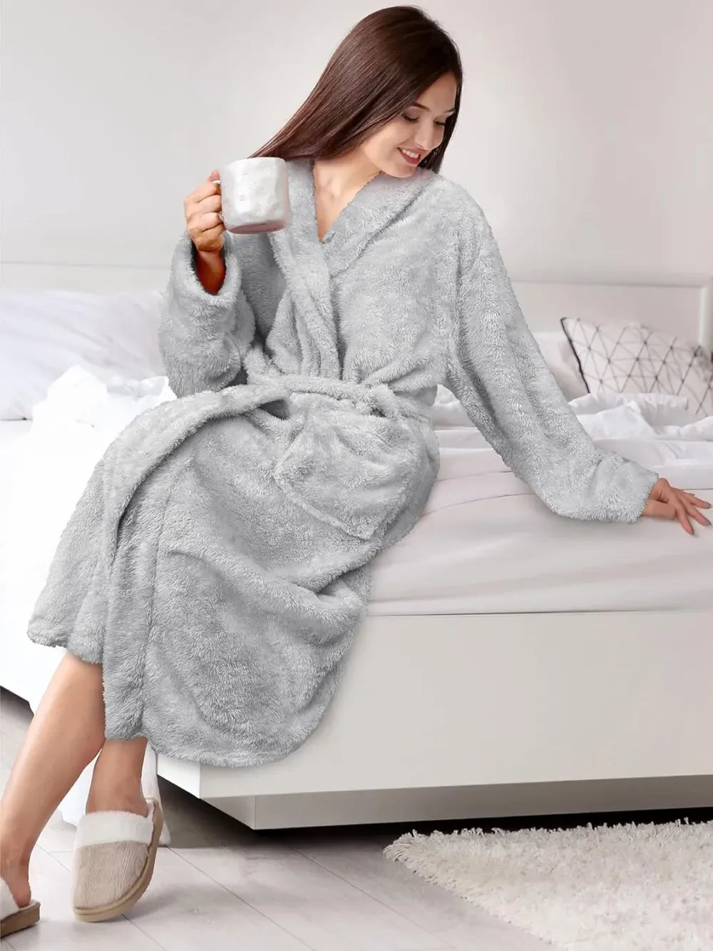 Premium Womens Plush Soft Robe Fluffy, Warm, Fleece Sherpa Shaggy Bathrobe