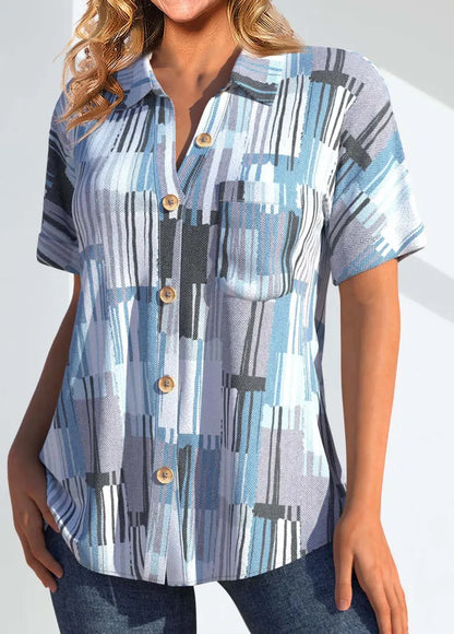 Light Blue Pocket Geometric Print Short Sleeve Blouse