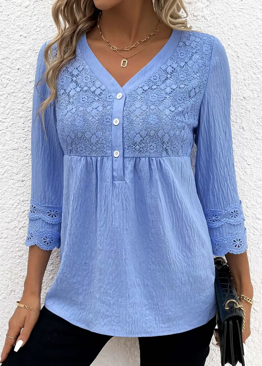 Blue Lace Long Sleeve V Neck Blouse
