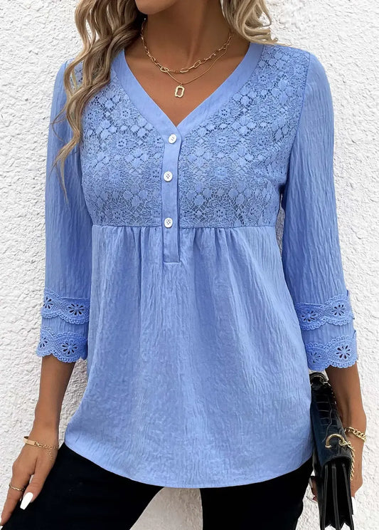 Blue Lace Long Sleeve V Neck Blouse