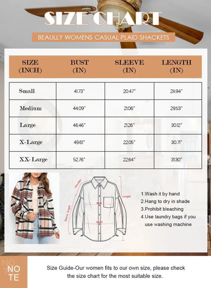 Womens Casual Plaid Shackets Brushed Flannel Button Down Shirt Jacket Coats with Side Pockets