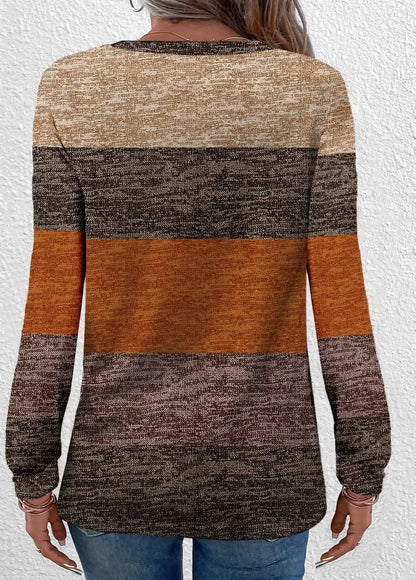 Dark Camel Button Striped Long Sleeve T Shirt