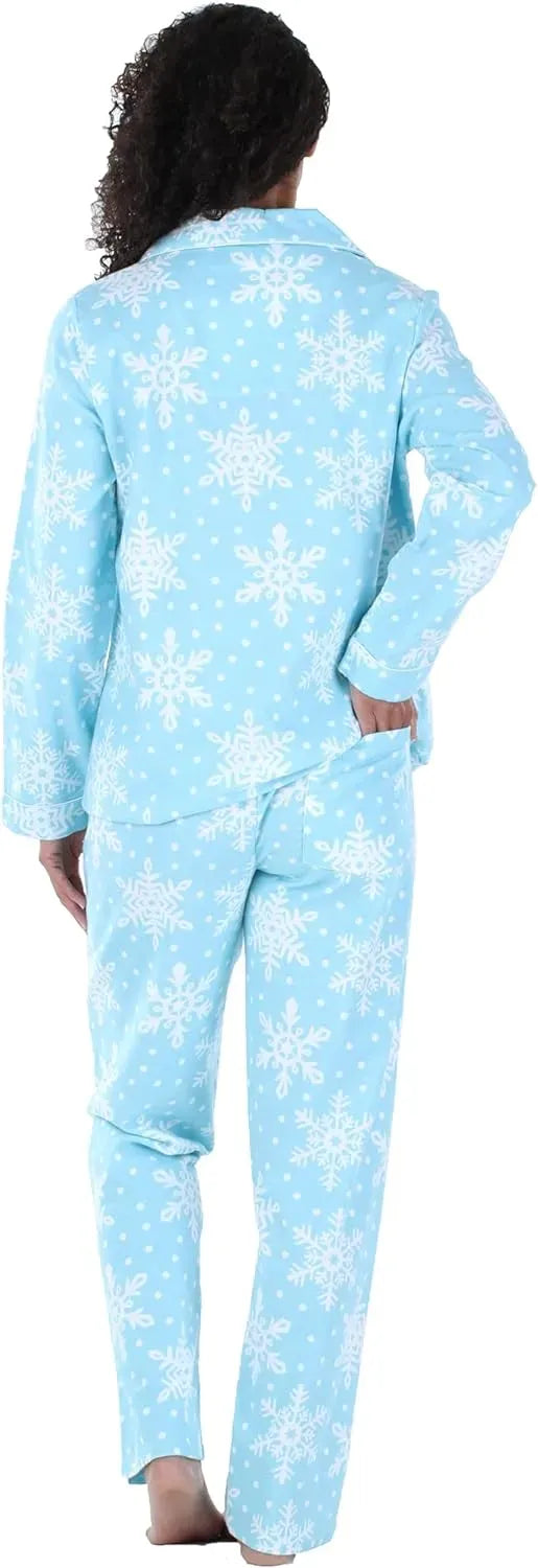 Women's Cotton Flannel Long Sleeve Button-Down Pajamas PJ Set