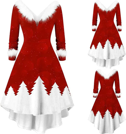 Womens Christmas Dress Fuzzy Mrs Claus Christmas Holiday Xmas Cocktail Holiday Party Flare Dress