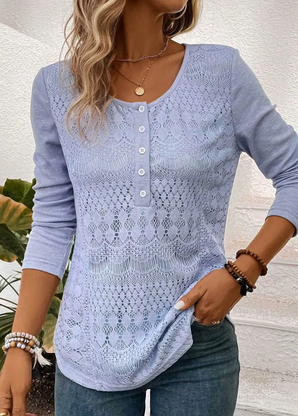 Light Purple Lace Long Sleeve Round Neck Blouse