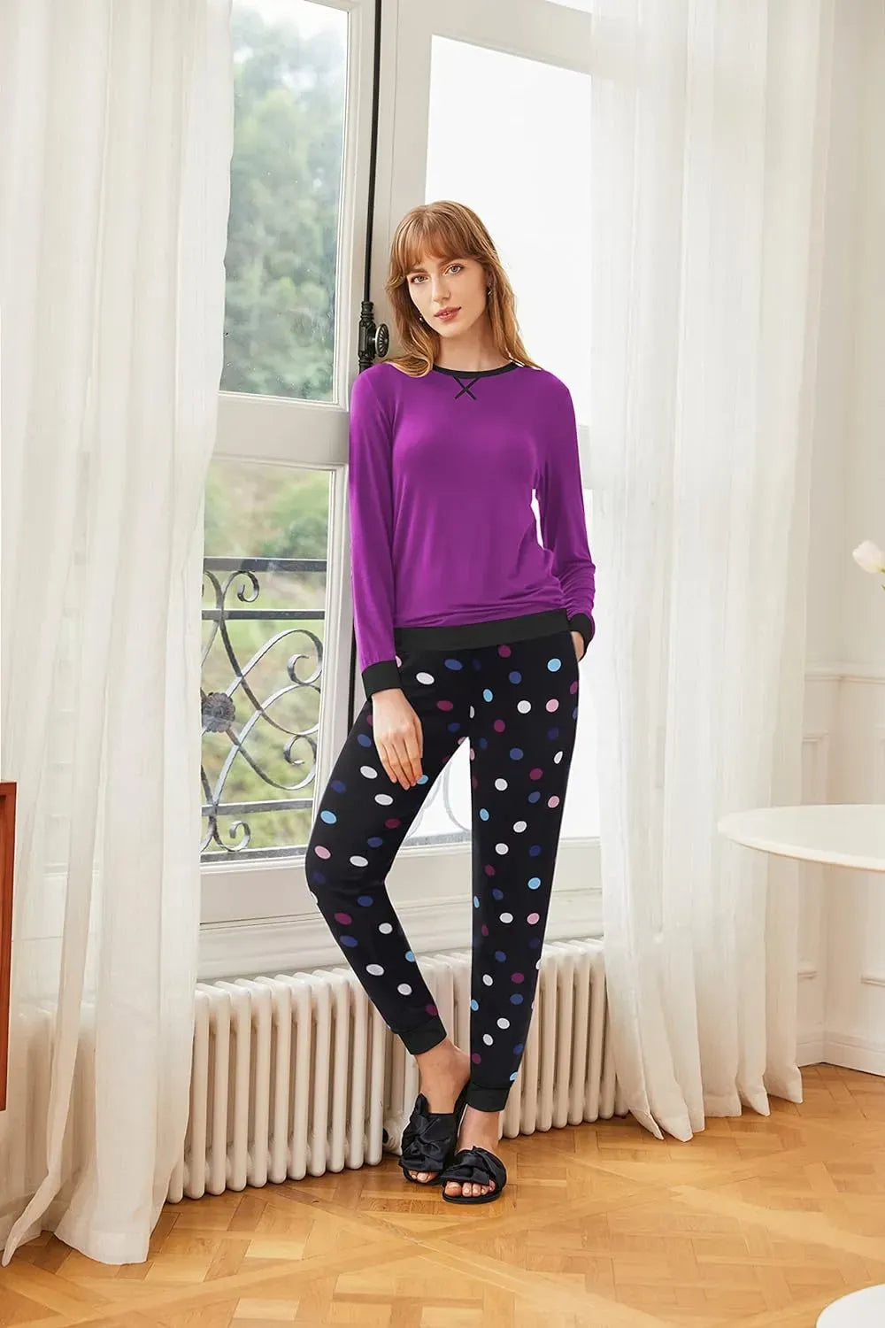 Women's Pajamas Sets Long Sleeve with Plaid Pants Soft Sleepwear O Neck 2 Piece Pjs Joggers Loung Set with Pockets