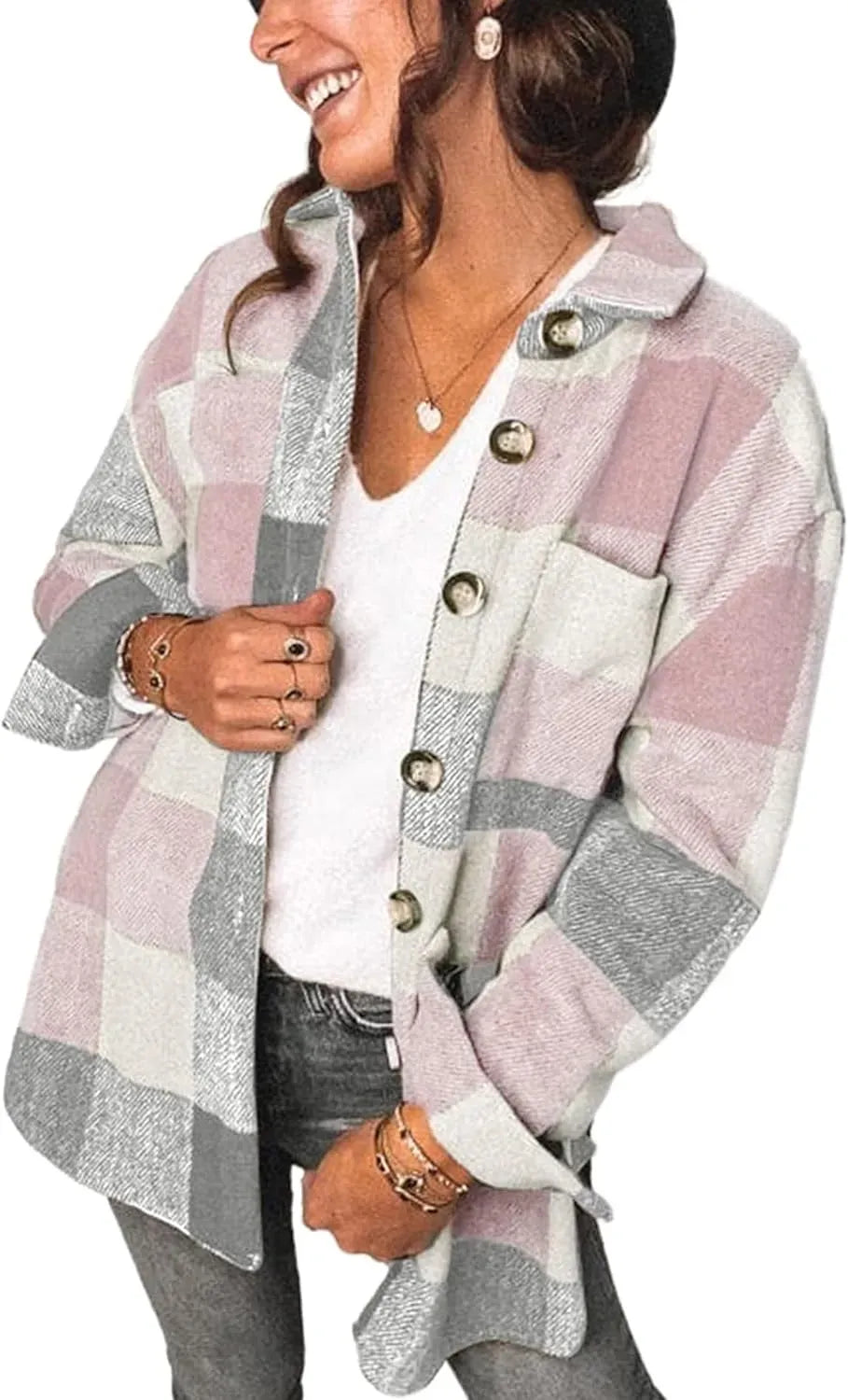 Womens Casual Plaid Shacket Button Down Long Sleeve Shirt