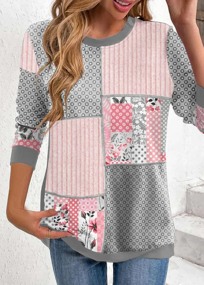 Light Pink Patchwork Geometric Print Long Sleeve Sweatshirt