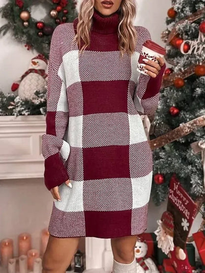 Women's Ugly Christmas Sweater Sweater Dress Christmas Sweaters Turtleneck Ribbed Knit Polyester Knitted Fall Winter Long Outdoor Christmas Daily Stylish Casual Soft Long Sleeve Plaid Red S M L