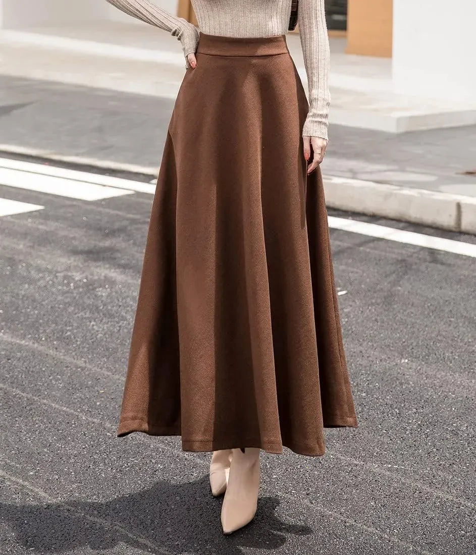 Women's Winter Elegant Warm Long Skirt Wool Maxi Skirts Elastic Waist A-Line High Waist Plaid Pleated Skirt S-3XL
