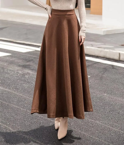 Women's Winter Elegant Warm Long Skirt Wool Maxi Skirts Elastic Waist A-Line High Waist Plaid Pleated Skirt S-3XL