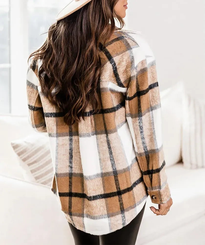 Womens Casual Plaid Shackets Brushed Flannel Button Down Shirt Jacket Coats with Side Pockets
