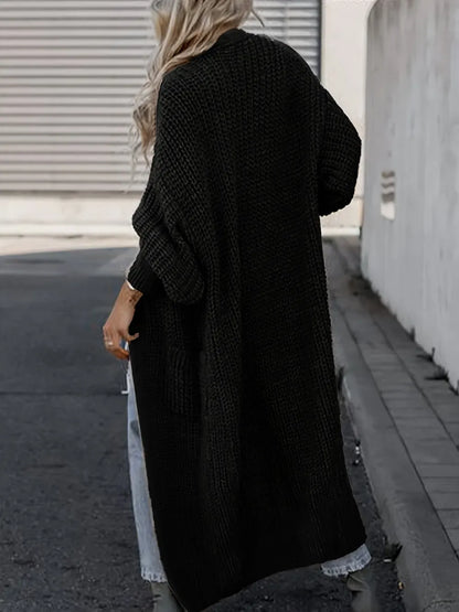 Plus Size Casual Cardigan, Women's Plus Solid Long Sleeve Open Front Cardigan With Pockets