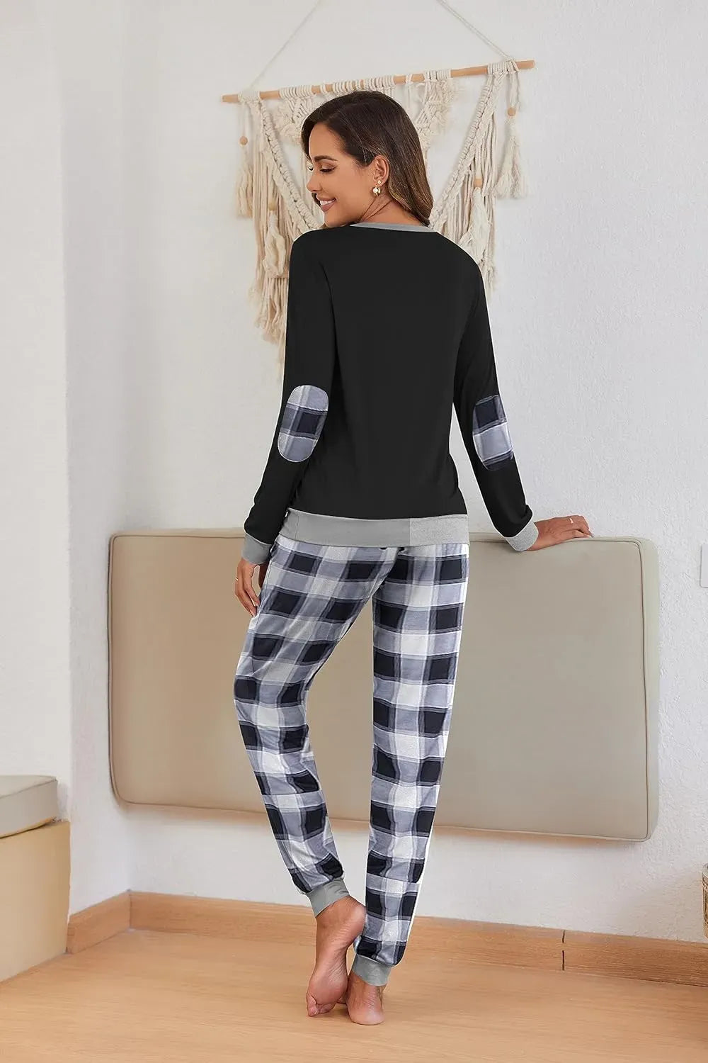 Women's Pajamas Sets Long Sleeve with Plaid Pants Soft Sleepwear O Neck 2 Piece Pjs Joggers Loung Set with Pockets