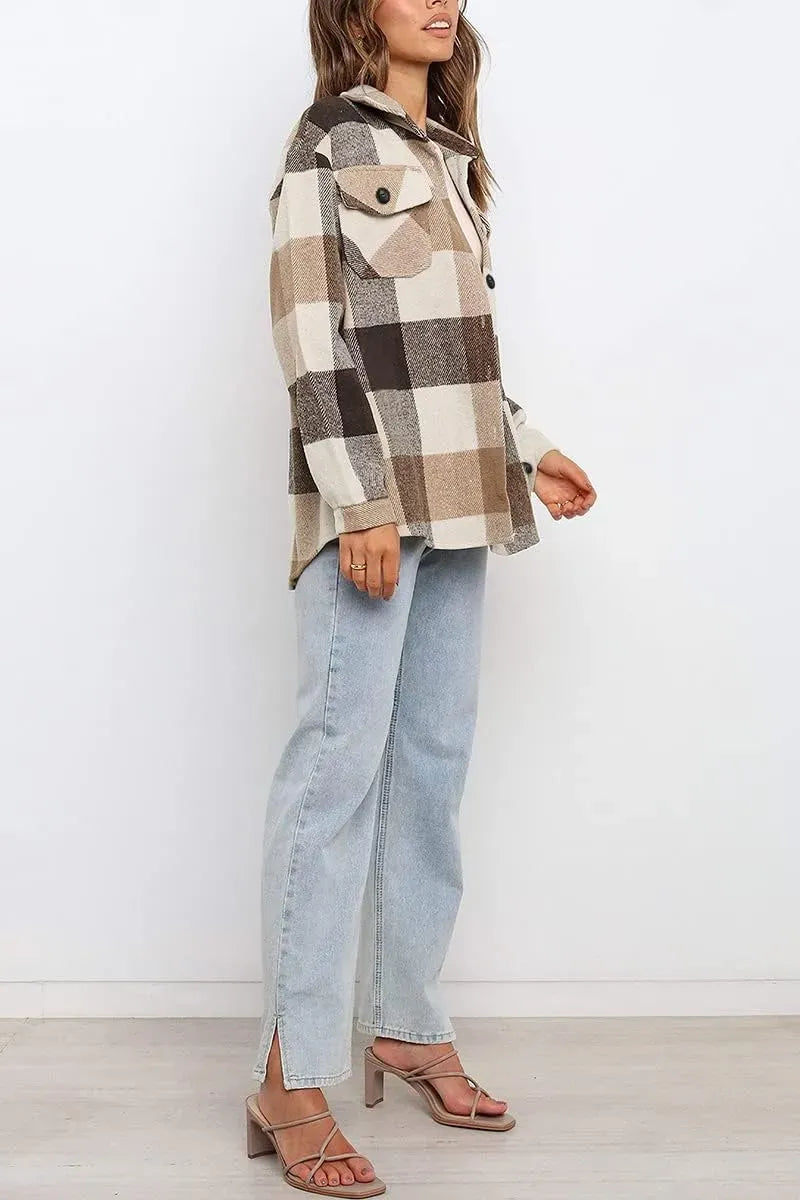 Womens Casual Plaid Shacket Button Down Long Sleeve Shirt