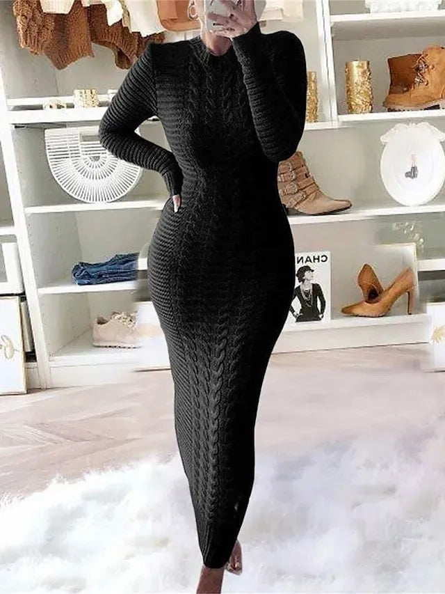 Women's Sweater Dress Crew Neck Ribbed Knit Polyester Knitted Fall Winter Long Outdoor Daily Going out Stylish Casual Soft Long Sleeve Pure Color Black Yellow Wine S M L