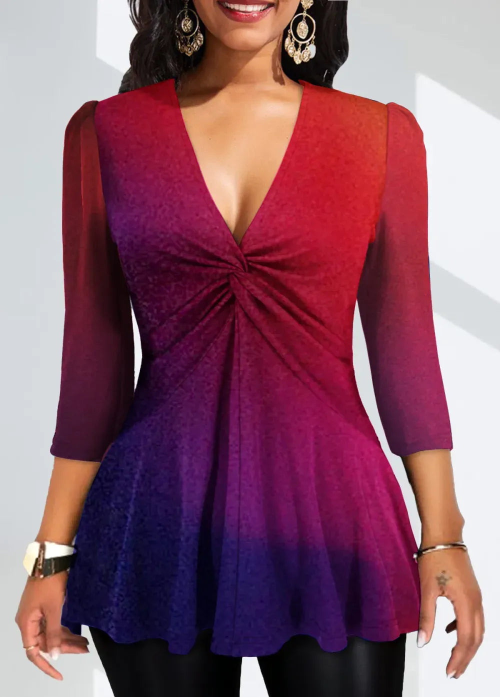 Multi Color Twist Ombre 3/4 Sleeve V Neck Blouse
