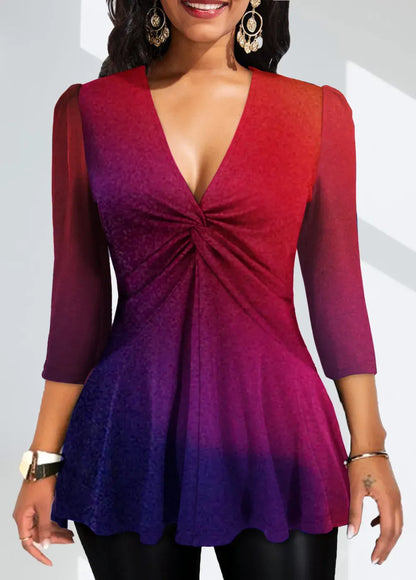 Multi Color Twist Ombre 3/4 Sleeve V Neck Blouse