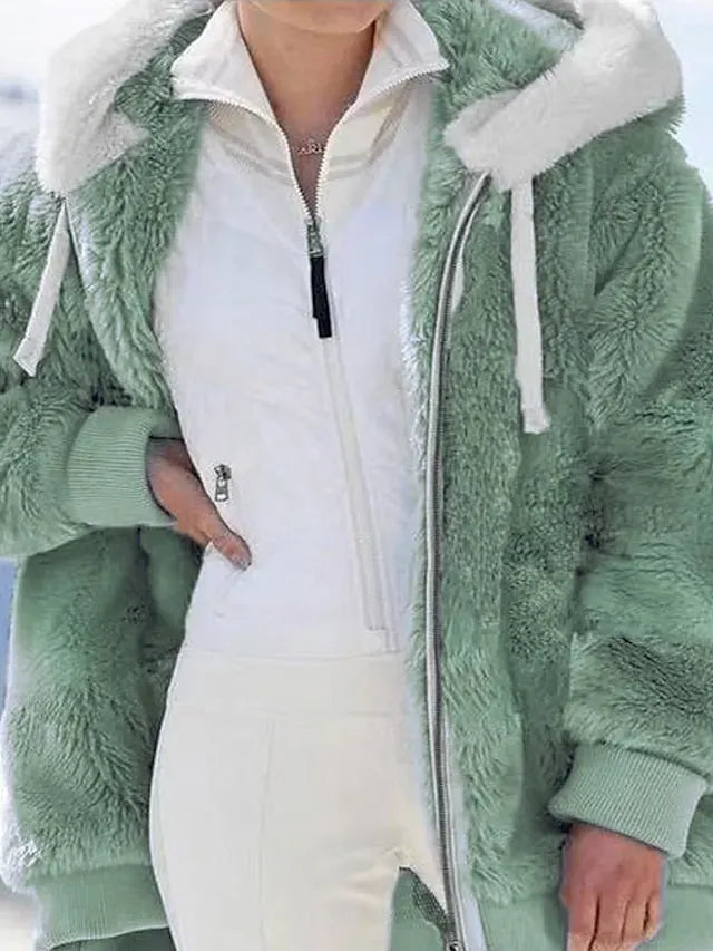 Women's Zip Hoodie Sweatshirt Fleece Jacket Pullover Sherpa Fleece Teddy Zipper Green Blue Purple Plain Round Neck Long Sleeve S M L XL 2XL 3XL / Winter / Fleece lined