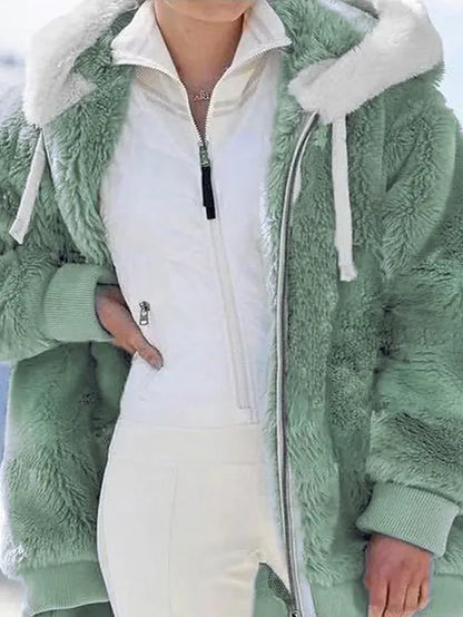Women's Zip Hoodie Sweatshirt Fleece Jacket Pullover Sherpa Fleece Teddy Zipper Green Blue Purple Plain Round Neck Long Sleeve S M L XL 2XL 3XL / Winter / Fleece lined