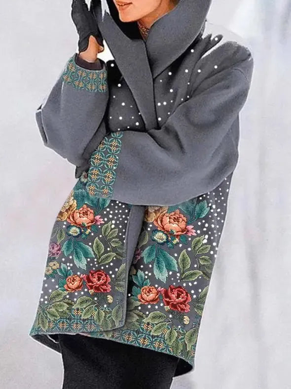 Round neck loose print hooded wool coat