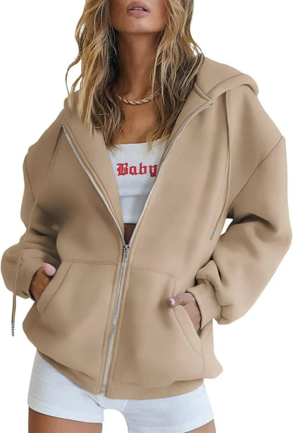 Women's Cute Hoodies Teen Girl Fall Jacket Oversized Sweatshirts Casual Drawstring Zip Up Y2K Hoodie with Pocket