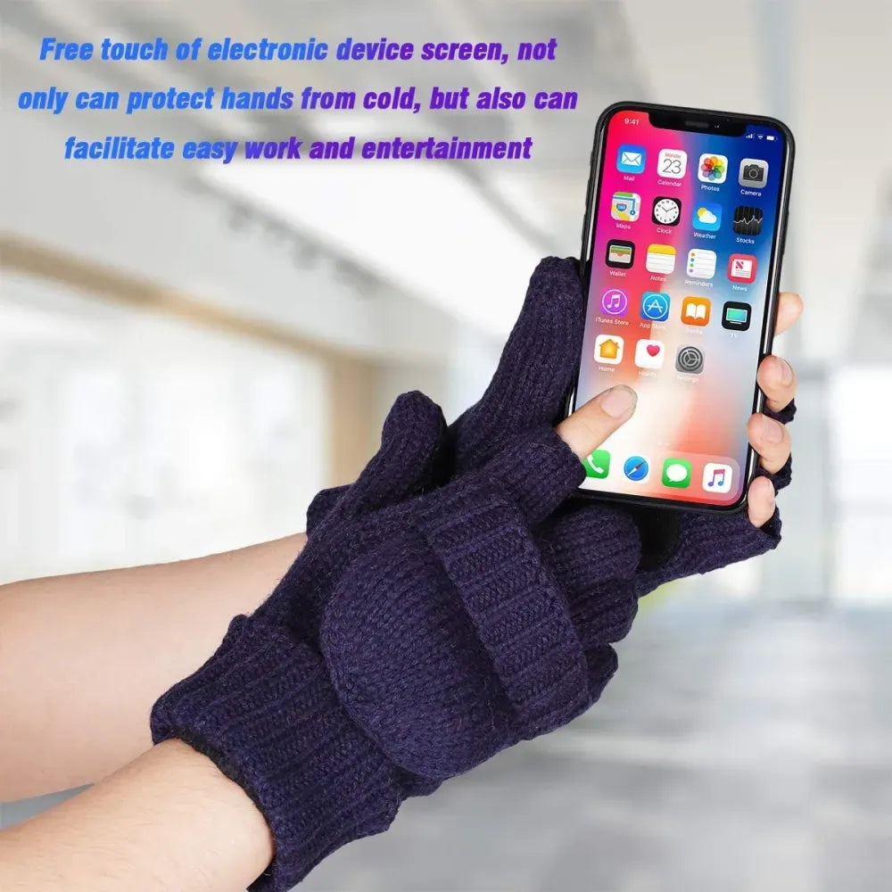 Bodvera Thermal Insulation Fingerless Texting Wool Gloves for Women and Men Winter Warm Knitted Convertible Mittens Flap