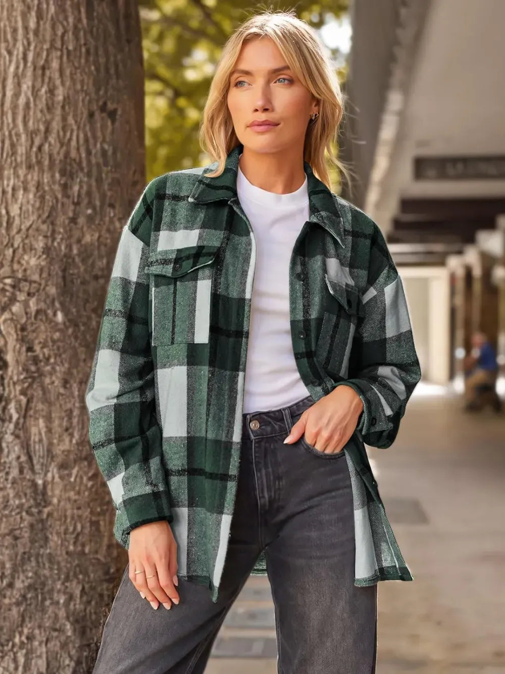 Womens Casual Plaid Shacket Button Down Long Sleeve Shirt