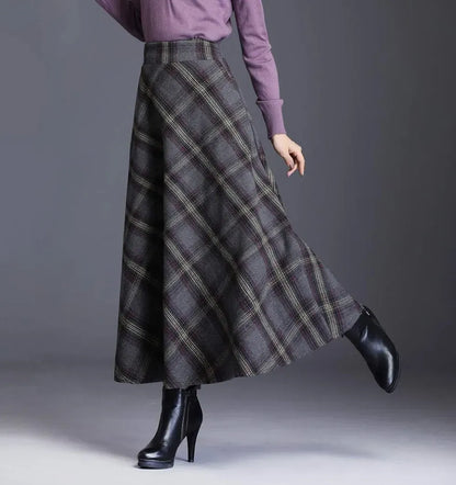 Women's Winter Elegant Warm Long Skirt Wool Maxi Skirts Elastic Waist A-Line High Waist Plaid Pleated Skirt S-3XL
