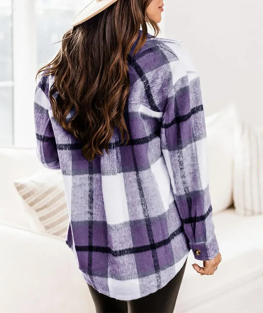 Womens Casual Plaid Shackets Brushed Flannel Button Down Shirt Jacket Coats with Side Pockets