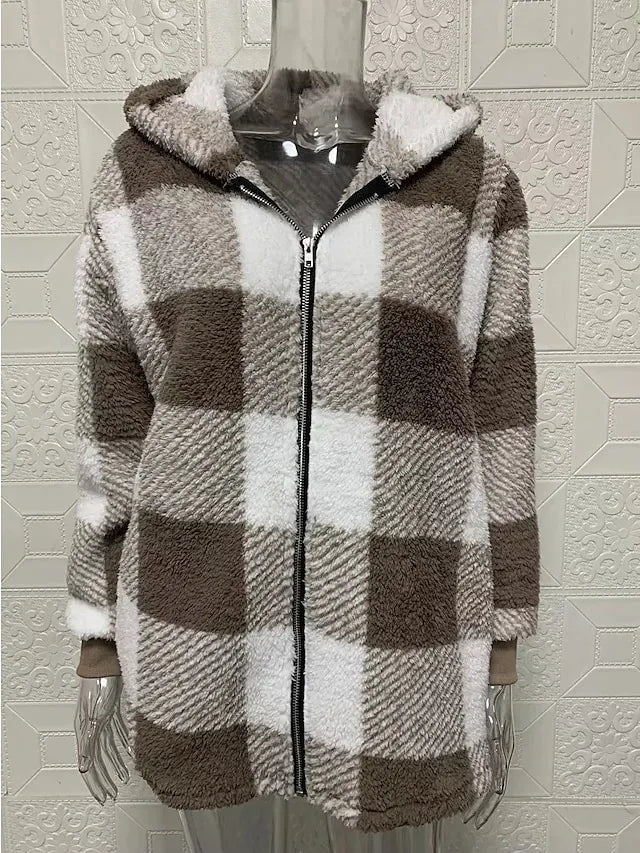 Women's Fleece Jacket Fleece Basic Pocket Zip Up Black Light Green Red Plaid Street Casual Hoodie Long Sleeve Top Micro-elastic Fall & Winter