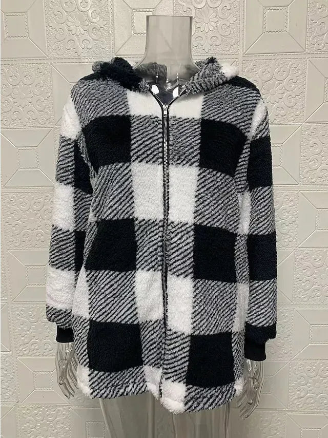Women's Fleece Jacket Fleece Basic Pocket Zip Up Black Light Green Red Plaid Street Casual Hoodie Long Sleeve Top Micro-elastic Fall & Winter