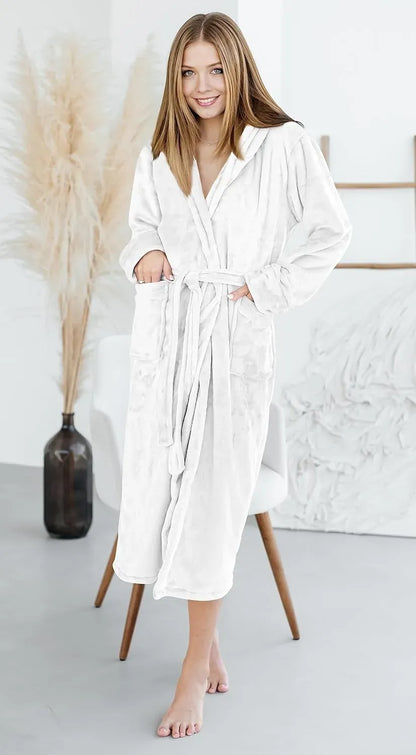 Women Fleece Shawl Collar Bathrobe - Plush Long Robe