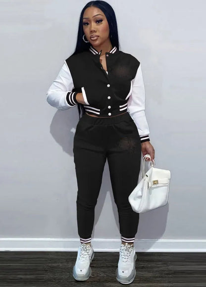 Fall Sports Print Black Baseball Jacket and Sweatpants 2PC Tracksuit