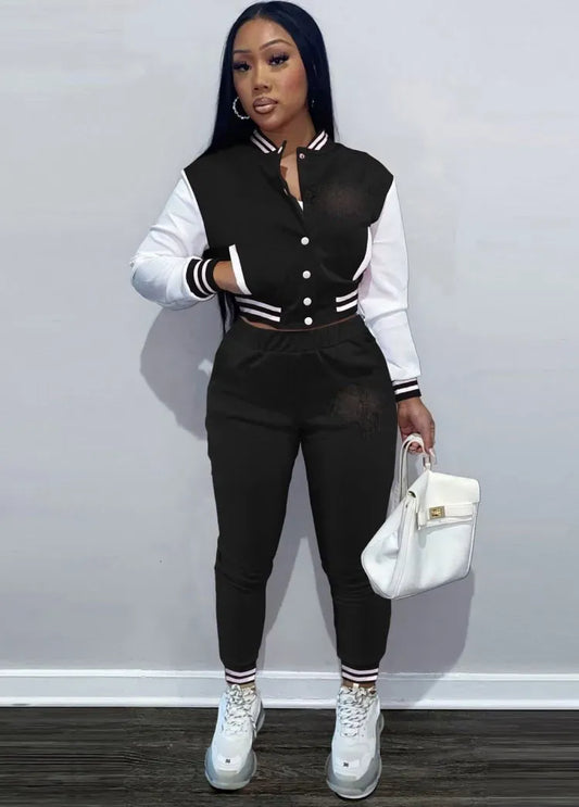 Fall Sports Print Black Baseball Jacket and Sweatpants 2PC Tracksuit
