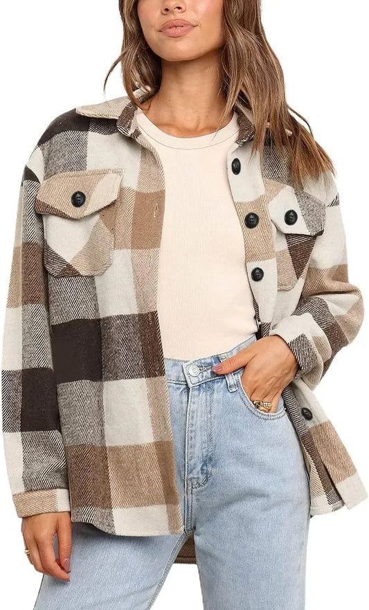 Womens Casual Plaid Shacket Button Down Long Sleeve Shirt