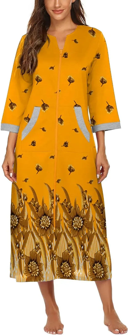 Women Zipper Robe 3/4 Sleeves Loungewear Dress Full Length Sleepwear Pockets Housecoat Nightgown Long Bathrobe