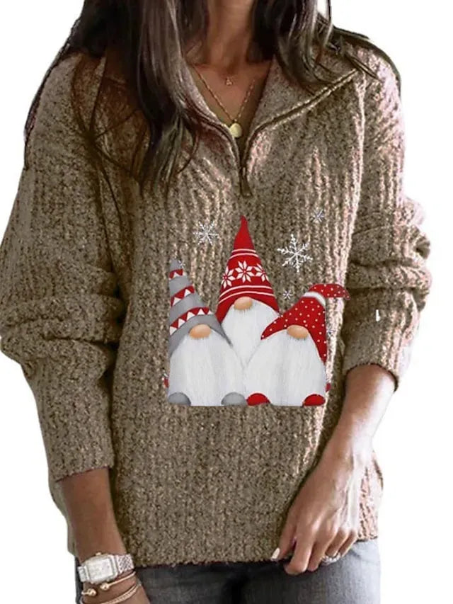 Women's Ugly Christmas Sweater Pullover Sweater Jumper Shirt Collar Half Zip Crochet Knit Polyester Zipper Knitted Fall Winter Xmas Holiday Stylish Casual Soft Long Sleeve Geometric Black Pink