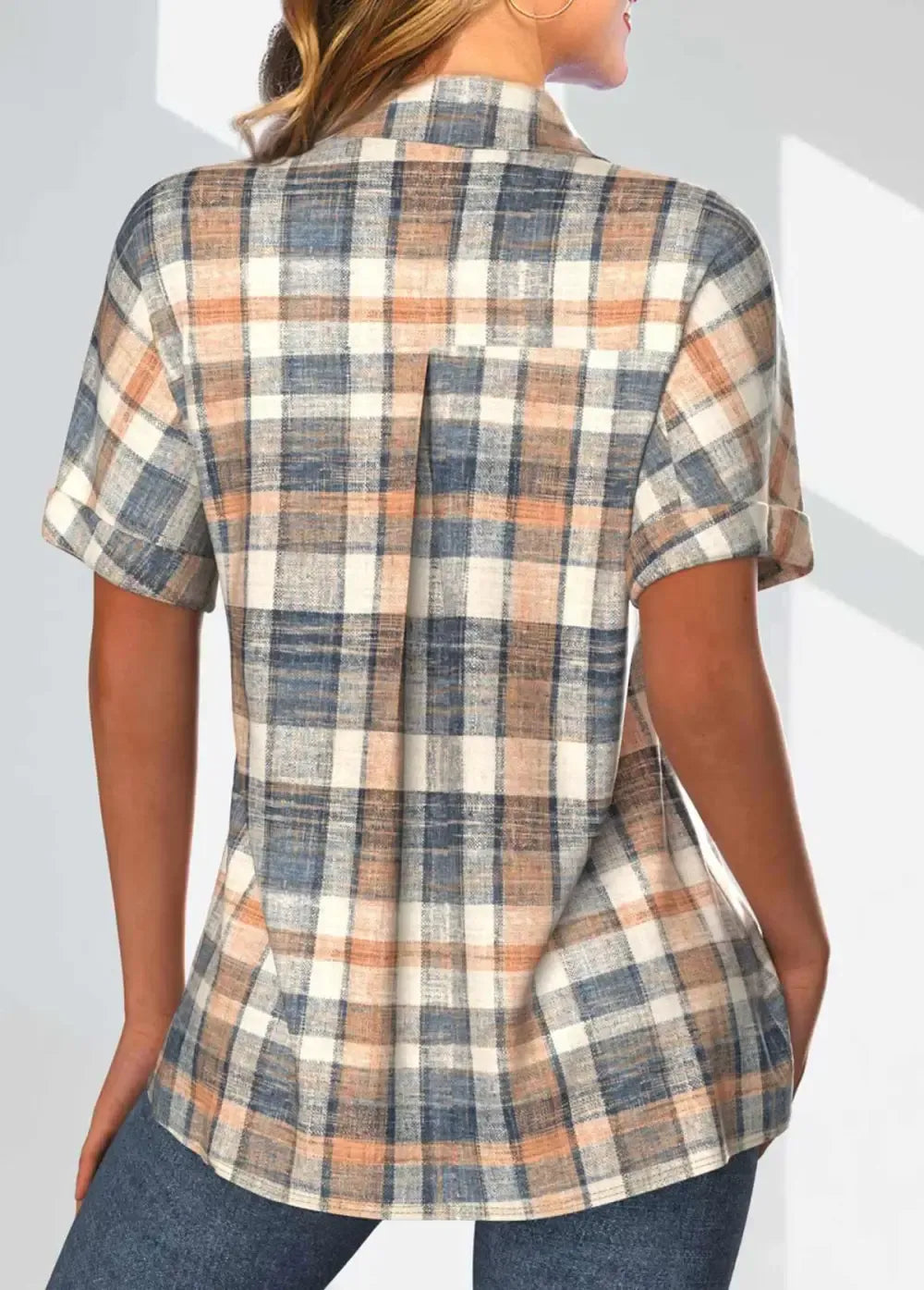 Denim Blue Pocket Short Sleeve Shirt Collar Blouse