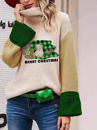 Women's Pullover Sweater Jumper Turtleneck Ribbed Knit Cotton Blend Oversized Fall Winter Regular Date Weekend Casual Soft Long Sleeve Santa Claus Red Green S M L