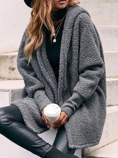 Women's Fleece Jacket Teddy Coat Hoodie Jacket Warm Breathable Street Daily Wear Vacation Going out Pocket Fleece Lined Buttoned Front Hoodie Casual Street Style Plain Regular Fit Outerwear Long