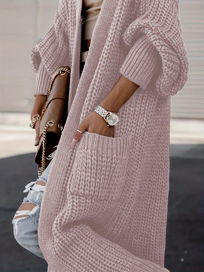 Plus Size Casual Cardigan, Women's Plus Solid Long Sleeve Open Front Cardigan With Pockets
