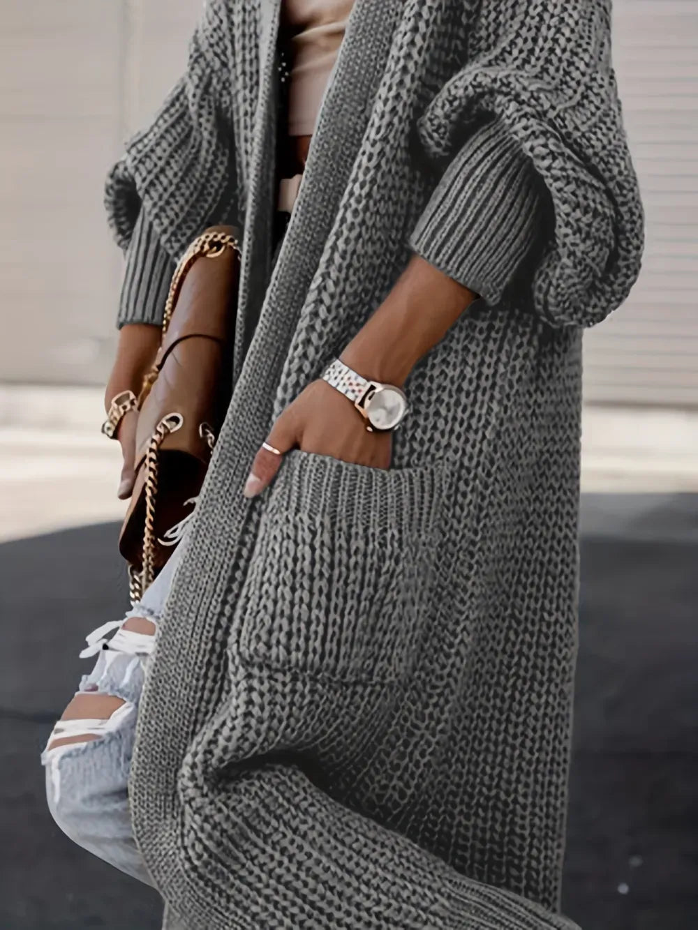 Plus Size Casual Cardigan, Women's Plus Solid Long Sleeve Open Front Cardigan With Pockets