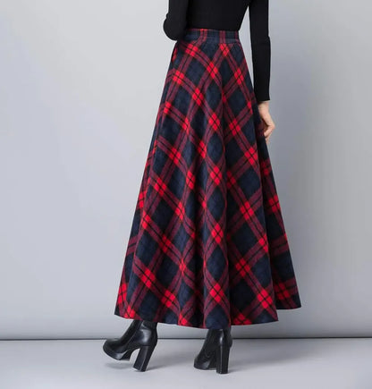 Women's Winter Elegant Warm Long Skirt Wool Maxi Skirts Elastic Waist A-Line High Waist Plaid Pleated Skirt S-3XL